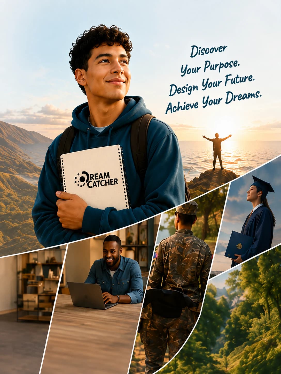 A student holding a Dream Catcher notebook, alongside a graduate, a service member, and an adult learner at a laptop, with the words Discover Your Purpose, Design Your Future, Achieve Your Dreams